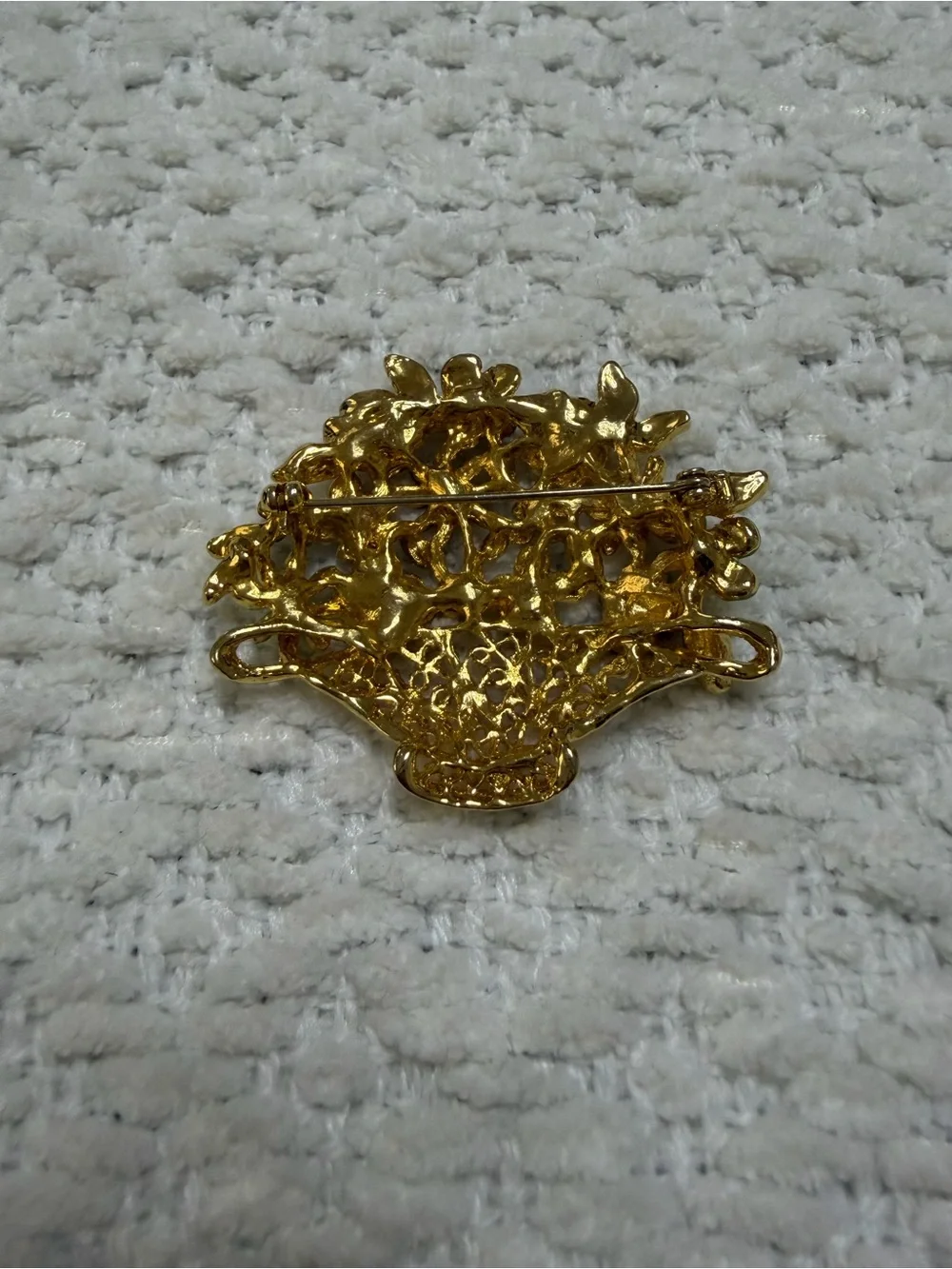 Vintage Flower Basket Brooch Pin Gold Toned